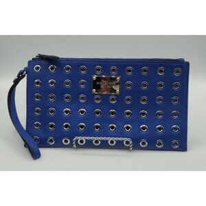 Michael Kors Jet Set Grommet Large Zip Clutch Wristlet Pebble Leather Sapphire